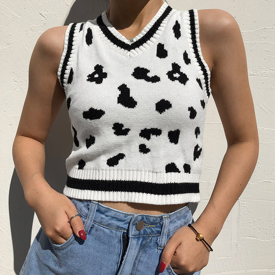 Damen süßes Strick-Crop-Top mit verspieltem Leopardenmuster R&B