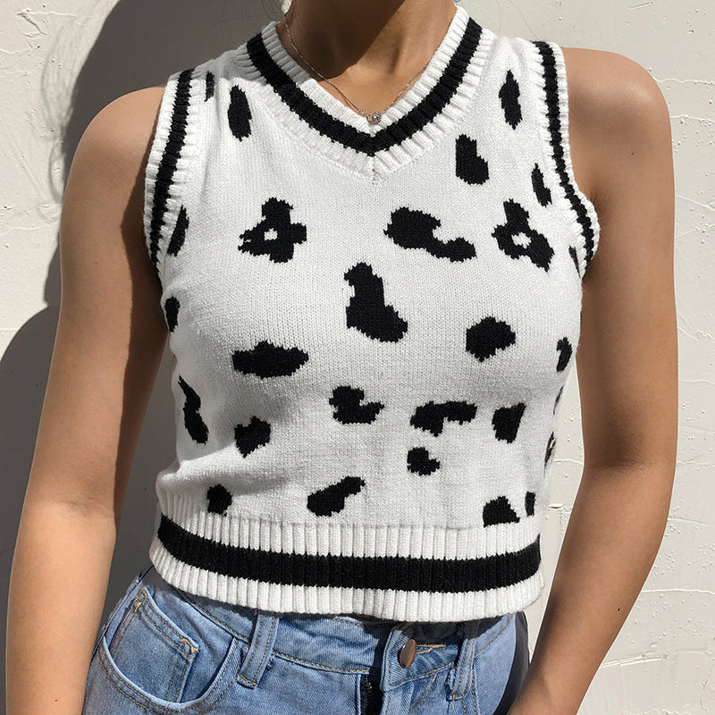 Damen süßes Strick-Crop-Top mit verspieltem Leopardenmuster R&B