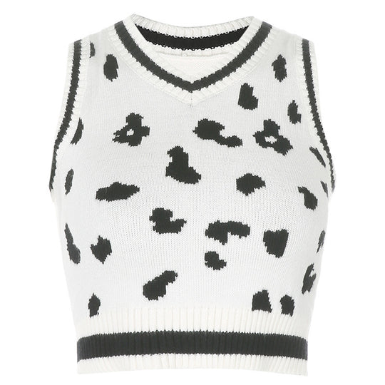 Damen süßes Strick-Crop-Top mit verspieltem Leopardenmuster R&B