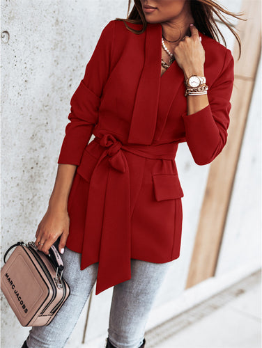 Damen elegante Blazerjacke mit Bindegürtel und praktischen Taschen R&B