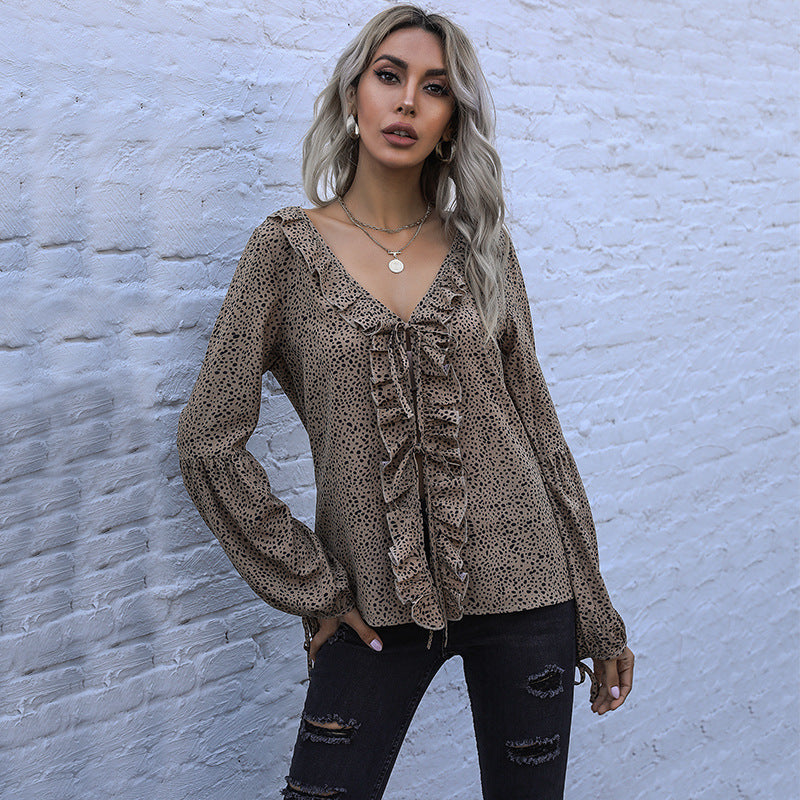 Damen elegantes Blusenshirt mit Rüschendetails und V-Ausschnitt R&B