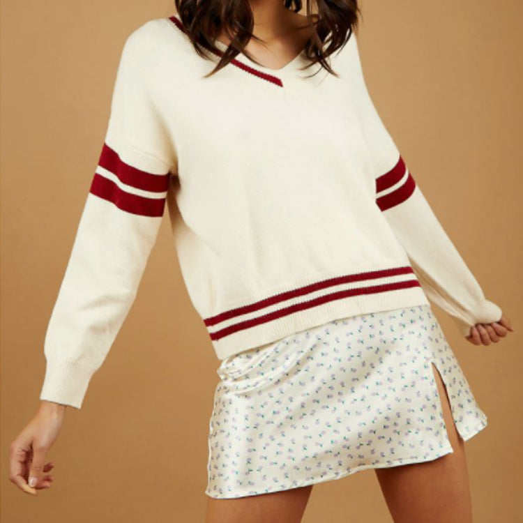 Damen sportlicher V-Ausschnitt Pullover mit Streifen R&B