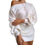 Damen Off-Shoulder Strickkleid mit voluminösen Ärmeln und strukturierter Oberfläche