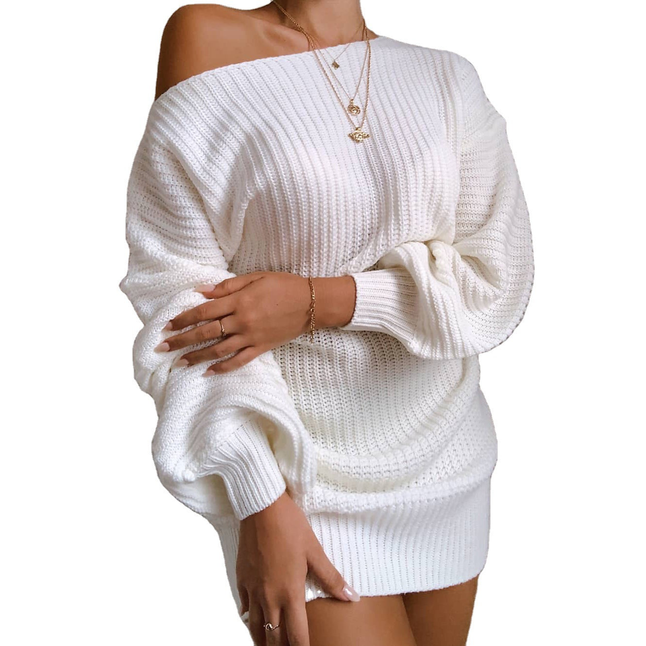 Damen Off-Shoulder Strickkleid mit voluminösen Ärmeln und strukturierter Oberfläche