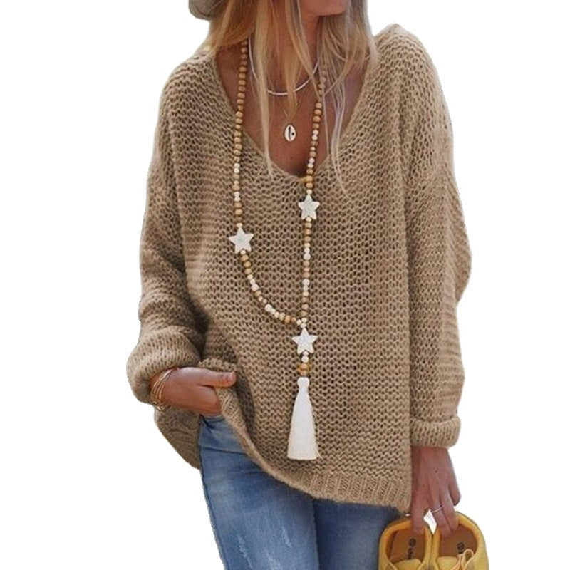 Damen Grobstrick Pullover mit weitem V-Ausschnitt und lässigem Schnitt
