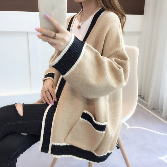 Damen Lässiger Strickcardigan mit attraktiven Kontrastsäumen und praktischen Taschen R&B