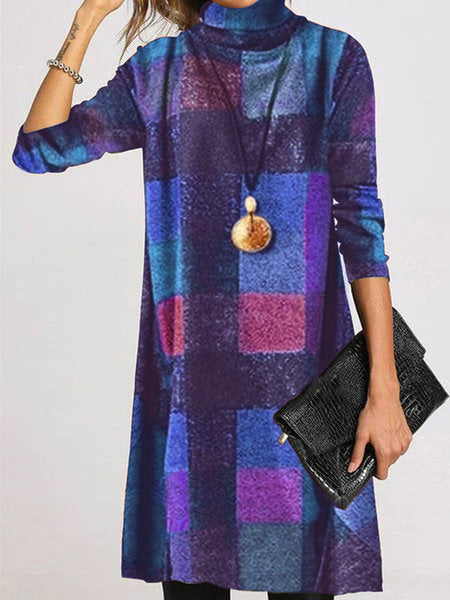 Damen modisches Langarmkleid mit Rollkragen und kariertem Design R&B