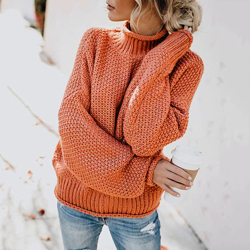 Damen Grobstrickpullover mit hohem Kragen und weitem Schnitt R&B