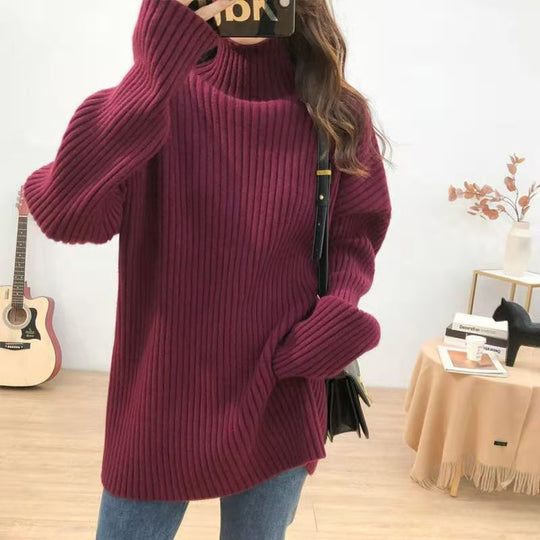 Damen Grobstrickpullover mit hohem Kragen und feiner Rippstruktur R&B