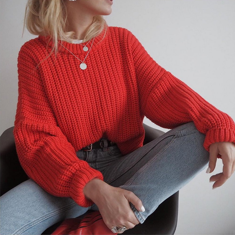 Damen Grobstrickpullover mit lässigem Schnitt und voluminösen Ärmeln
