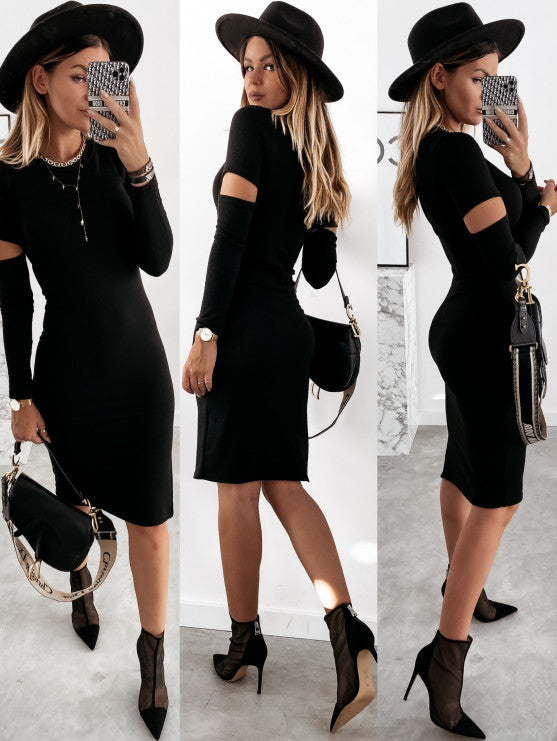 Damen figurbetontes Kleid mit Cut-Out-Ärmeln und seitlichem Schlitz R&B