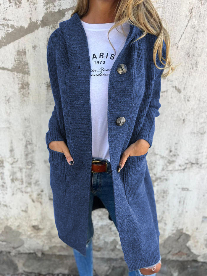 R&B | Strickjacke Lange Offene Front Ribbed Knopfverschluss & Vordertaschen