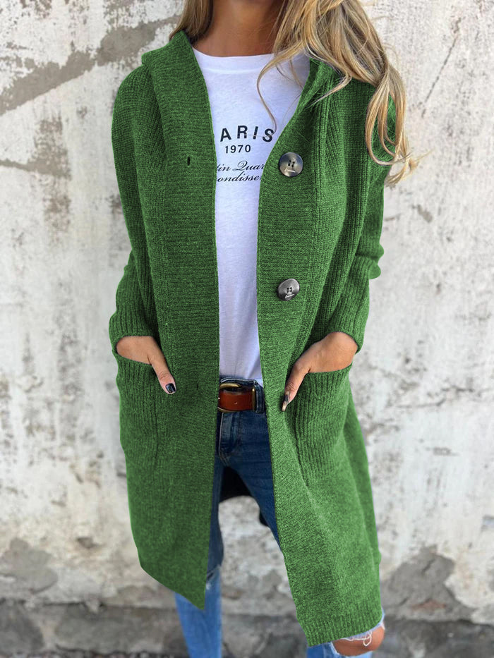 R&B | Strickjacke Lange Offene Front Ribbed Knopfverschluss & Vordertaschen