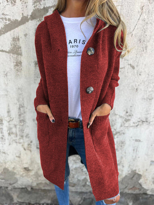 R&B | Strickjacke Lange Offene Front Ribbed Knopfverschluss & Vordertaschen