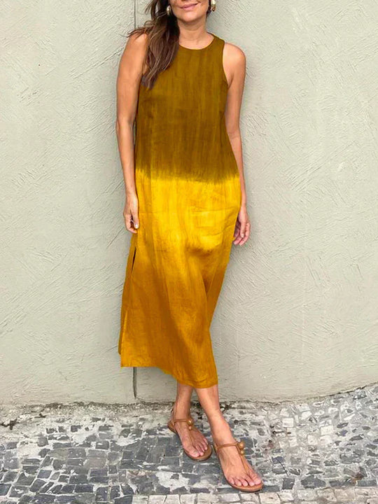 R&B | Luftiges Leinenkleid Aus Baumwolle mit Farbverlauf und Schlitz Am Bein