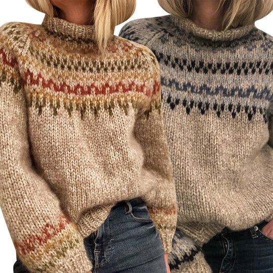 Damen Grober Strickpullover mit hohem Kragen und einzigartigem Muster R&B