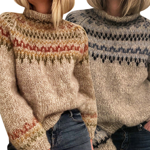 Damen Grober Strickpullover mit hohem Kragen und einzigartigem Muster R&B