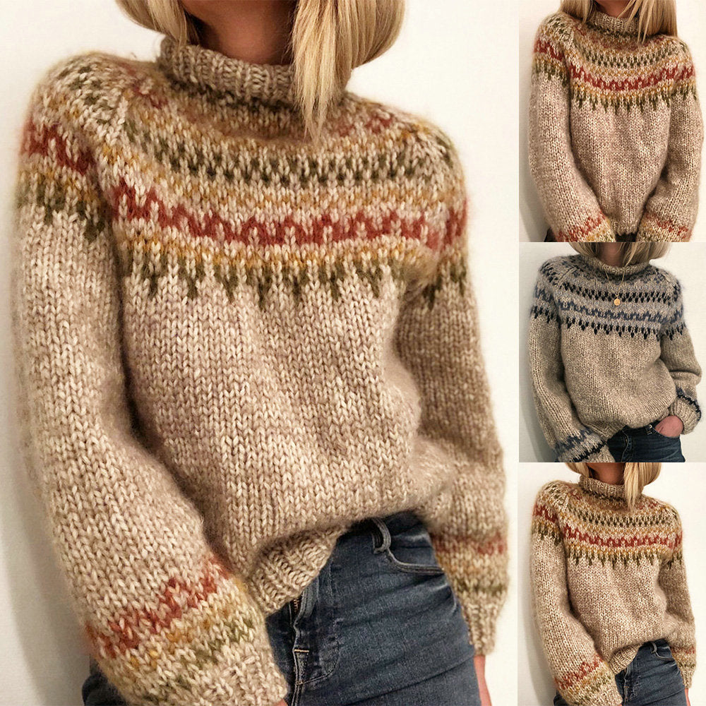 Damen Grober Strickpullover mit hohem Kragen und einzigartigem Muster R&B