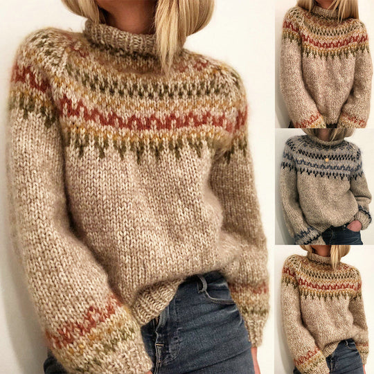 Damen Grober Strickpullover mit hohem Kragen und einzigartigem Muster R&B