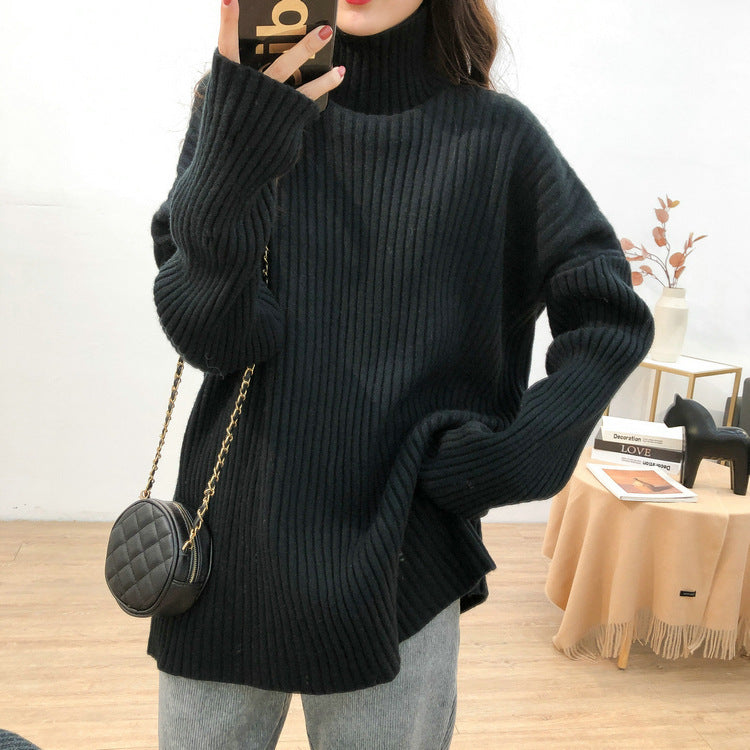 Damen Grobstrickpullover mit hohem Kragen und feiner Rippstruktur R&B