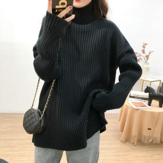 Damen Grobstrickpullover mit hohem Kragen und feiner Rippstruktur R&B
