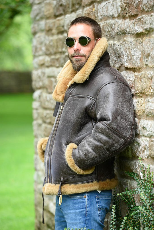 Herren Lammfelljacke mit luxuriösem Kunstfellkragen und wärmendem Innenfutter R&B