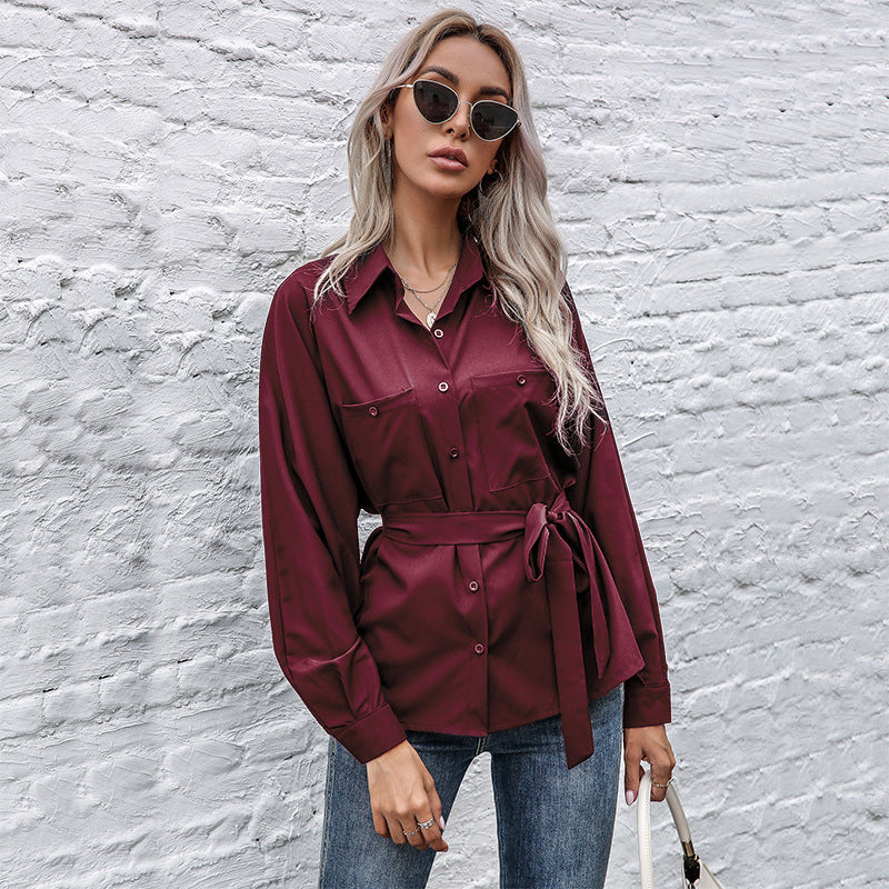 Damen Elegantes Hemdblusenshirt mit Taillengürtel und hochwertigem Satin Material R&B