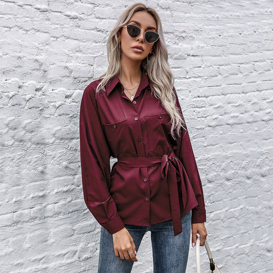 Damen Elegantes Hemdblusenshirt mit Taillengürtel und hochwertigem Satin Material R&B