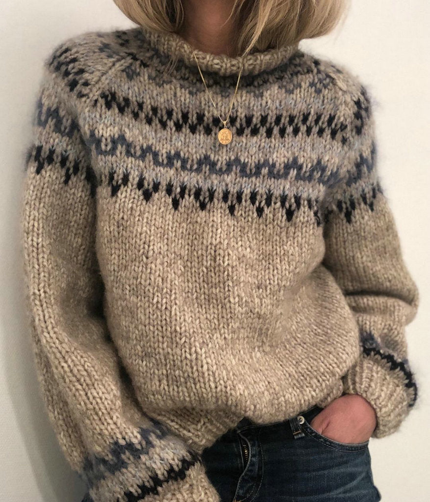 Damen Grober Strickpullover mit hohem Kragen und einzigartigem Muster R&B