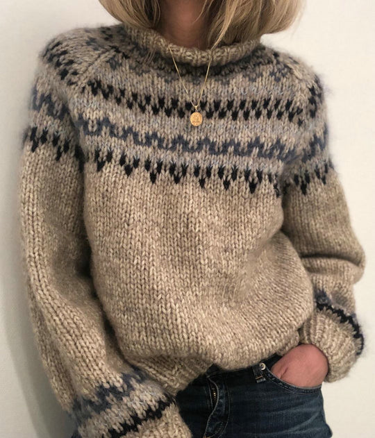 Damen Grober Strickpullover mit hohem Kragen und einzigartigem Muster R&B