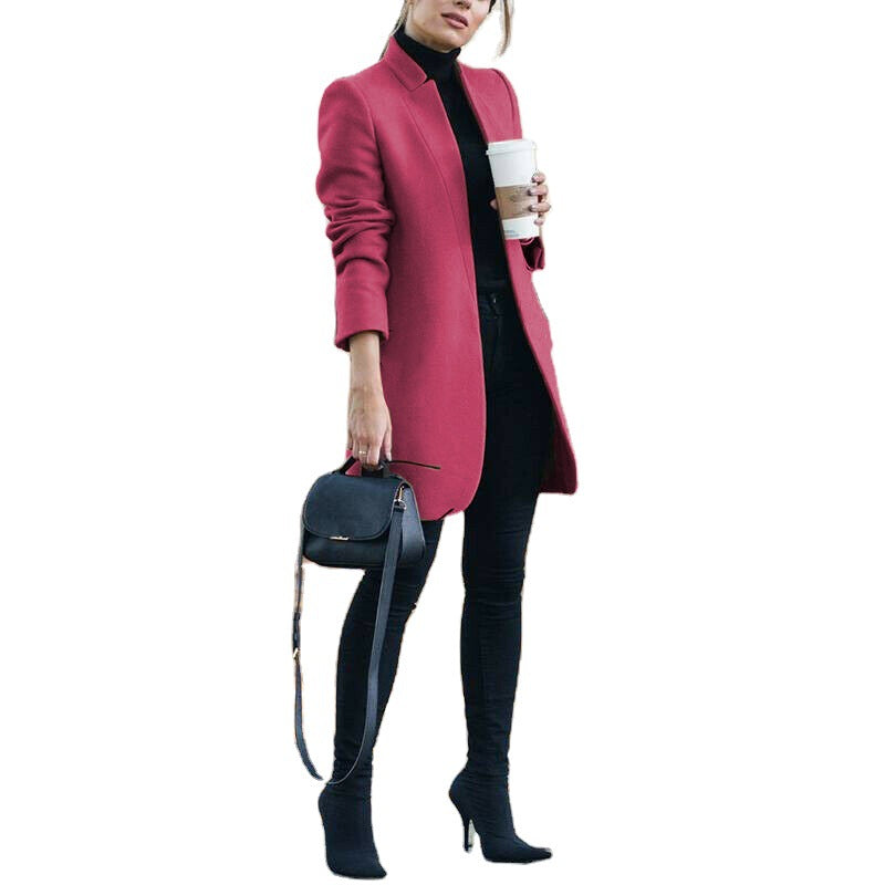 Damen nan eleganter knielanger Wollmix Mantel mit Stehkragen R&B