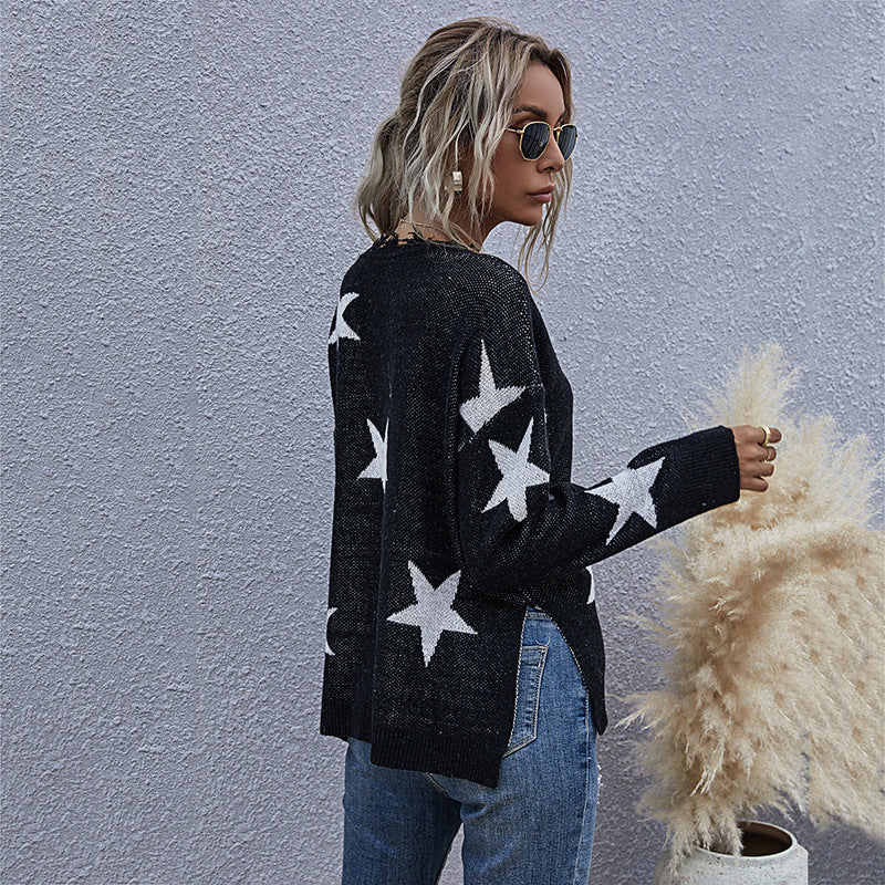 Damen Strickpullover mit Sternen-Design und V-Ausschnitt R&B