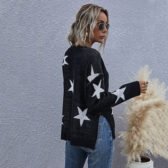 Damen Strickpullover mit Sternen-Design und V-Ausschnitt R&B