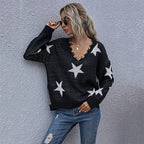 Damen Strickpullover mit Sternen-Design und V-Ausschnitt