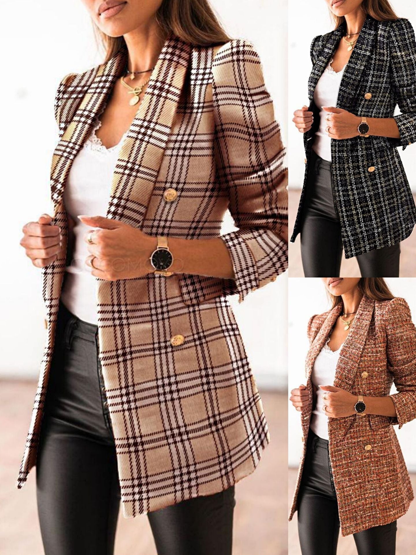 Damen modischer Tweedblazer mit doppelter Knopfleiste und Schulterpolstern R&B