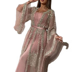 Damen Elegante Kaftan Robe aus transparentem Stoff mit aufwendigen Verzierungen R&B