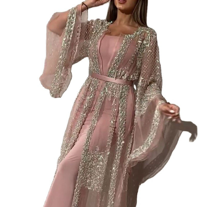 Damen Elegante Kaftan Robe aus transparentem Stoff mit aufwendigen Verzierungen R&B