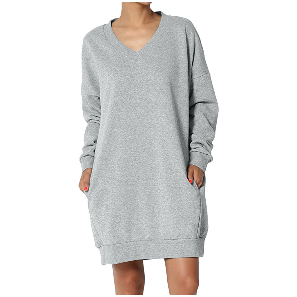 Damen Sweatshirt-Kleid mit V-Ausschnitt und praktischem Taschen-Design