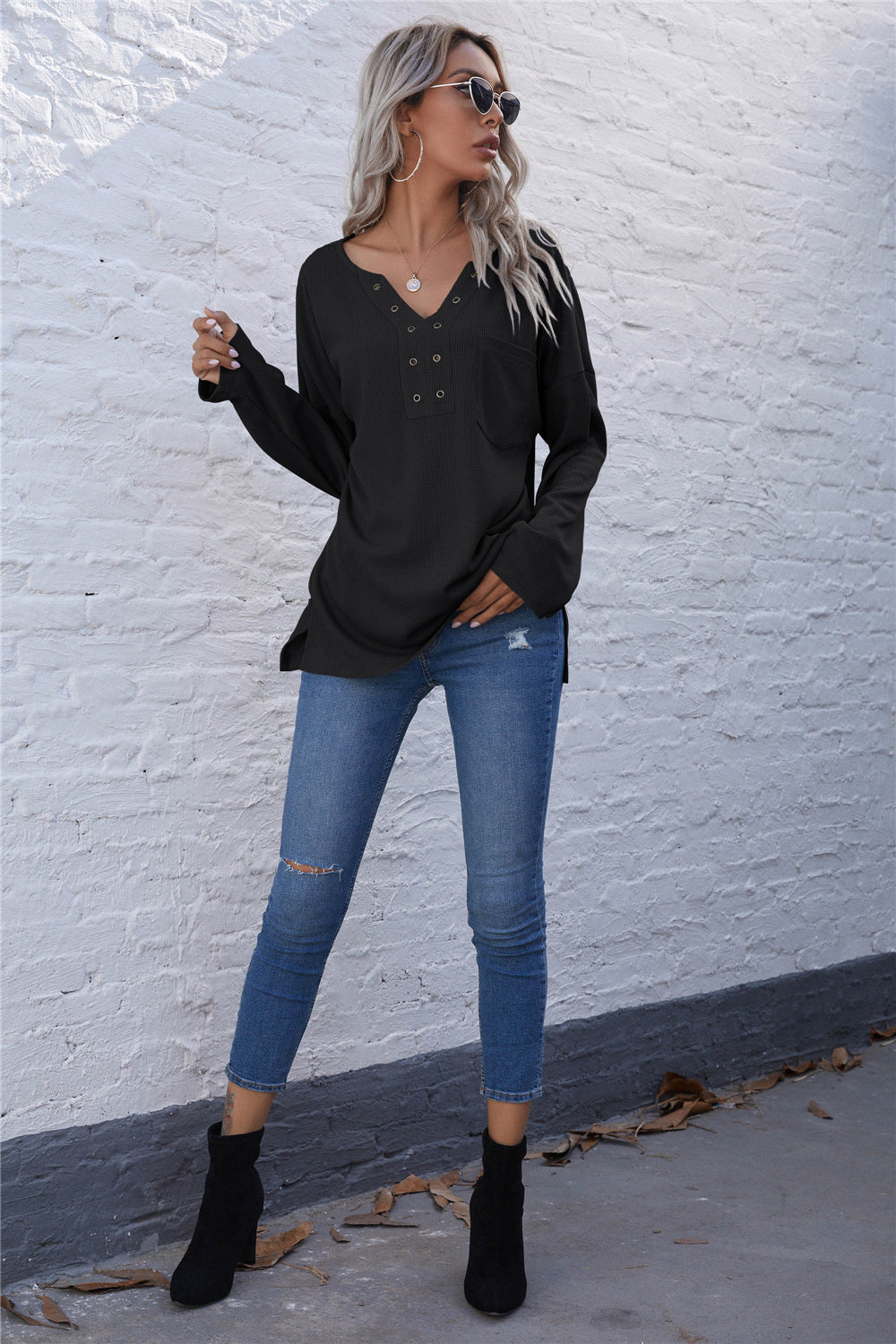Damen lässiges Longsleeve Oberteil mit dekorativem Ausschnitt und praktischer Brusttasche R&B