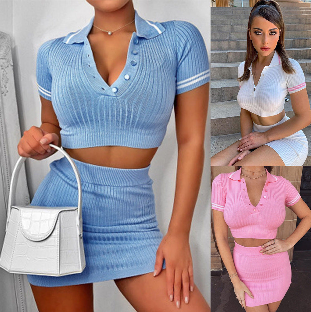 Damen modisches Crop-Top und Mini-Rock Set mit feinem Rippdesign R&B