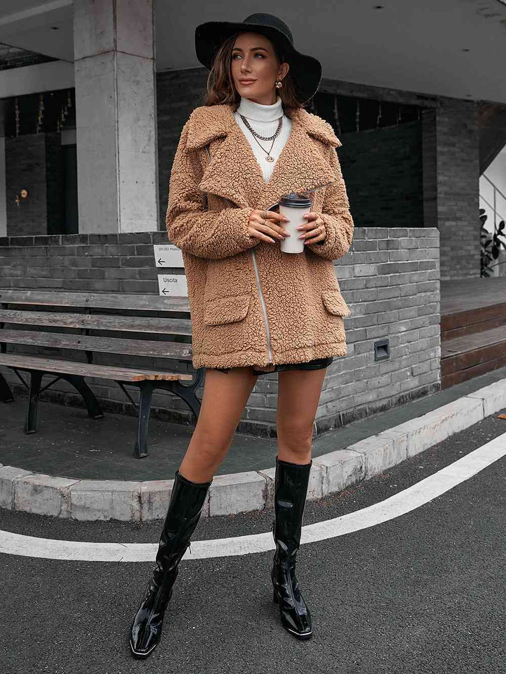 R&B | Double Take Zip up Teddy Jacke mit Kragen