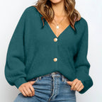 Damen lässiger Strickpullover mit tiefem V-Ausschnitt und eleganten Knopfdetails