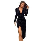 Damen Glamouröses Wickelkleid aus Velours mit tiefem Schlitz R&B