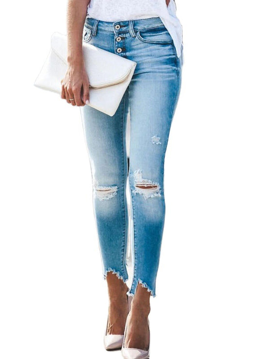 Damen hochgeschnittene Ripped Jeans im modernen Design mit Knopfleiste R&B