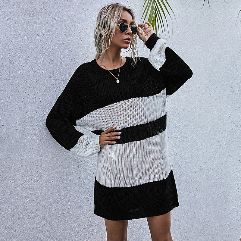 Damen Oversize-Strickkleid mit modischem Streifenmuster