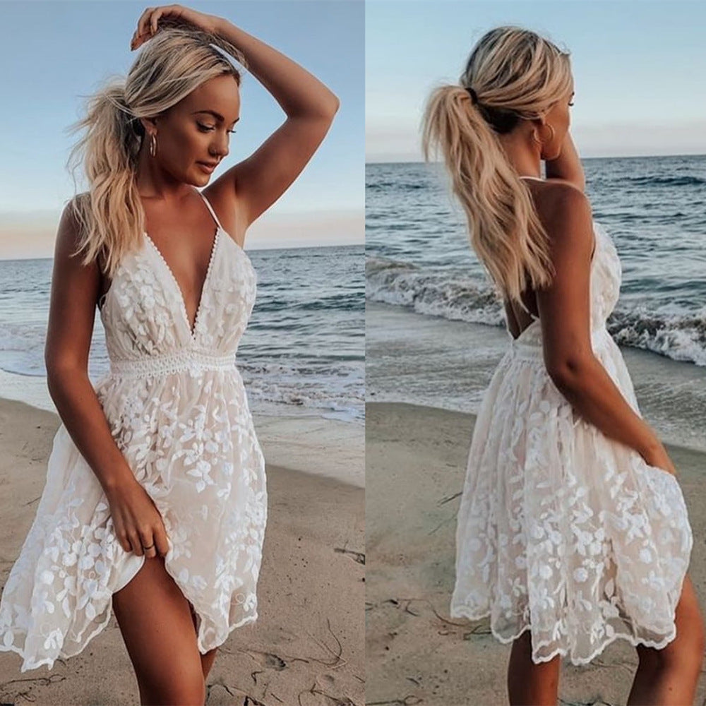 Damen Strandkleid mit floralem Spitzenmuster und tiefem V-Ausschnitt R&B