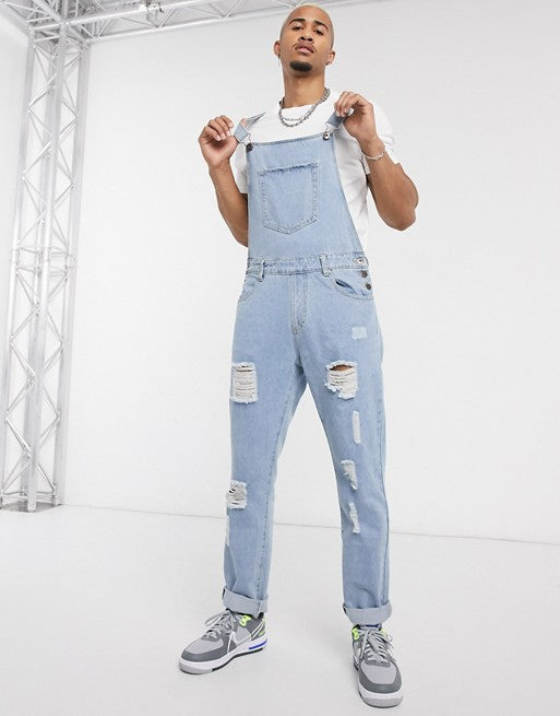 Herren Denim-Latzhose mit lässigen Destroyed-Details R&B