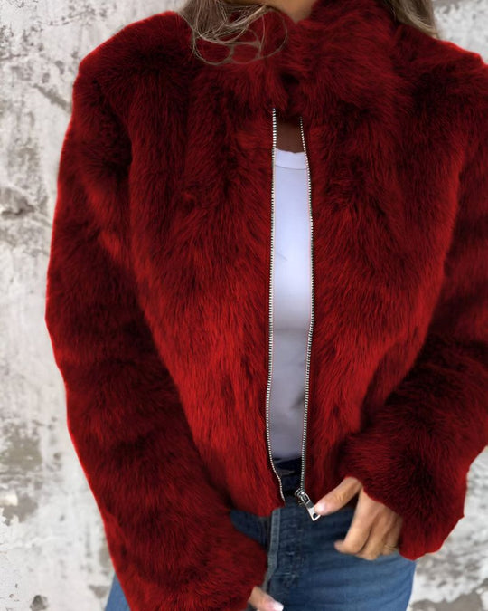 R&B | Hoher Kragen Reißverschluss Flauschige Jacke