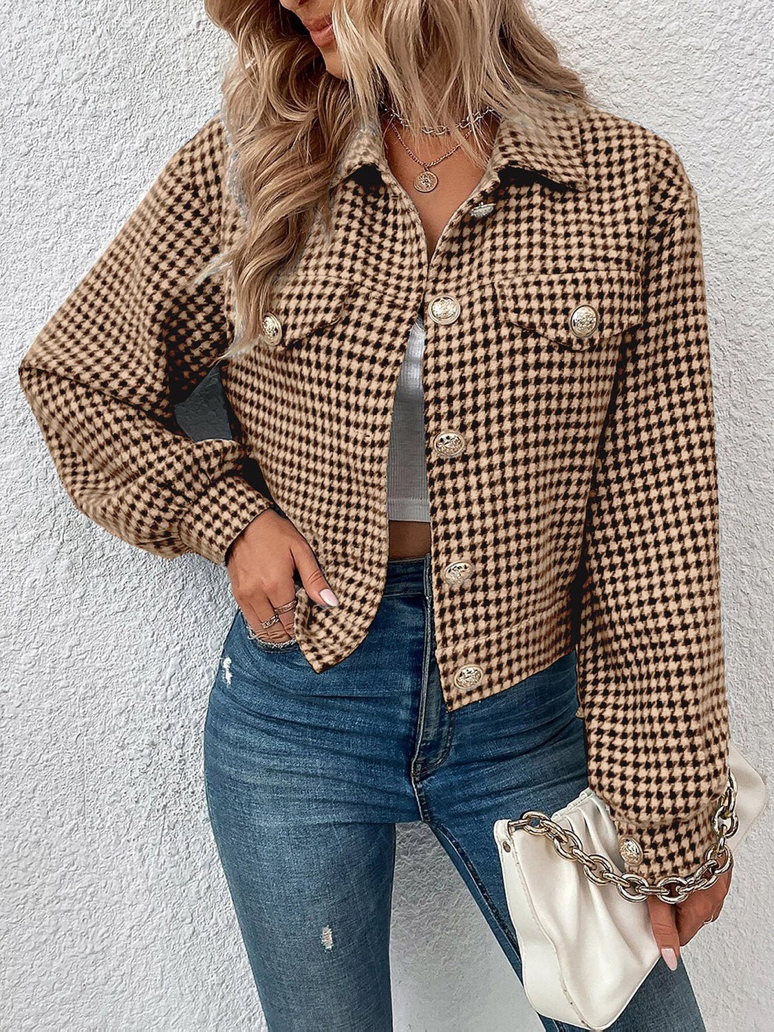 R&B | Kurze Jacke mit Hahnentritt-muster Knopfverschluss Schick und Klassischer Stil