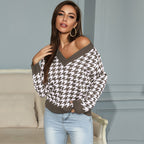 Damen Oversized Pullover mit modernem Hahnentrittmuster und tiefem V-Ausschnitt